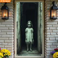 A 2D flat banner suitable for Halloween, featuring a large ghost girl door decoration