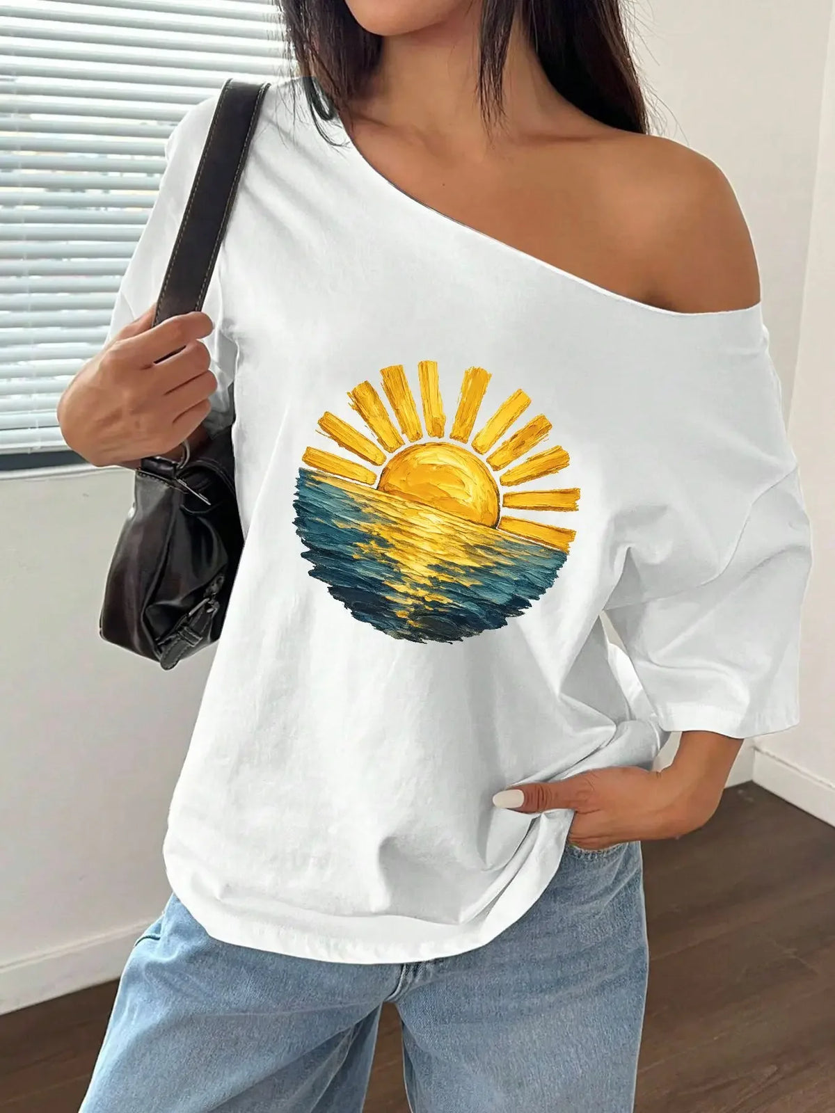 100% Cotton Plus Size Golden Sun Ocean Beach Print Shoulder Loose Print T-Shirt Oversized Y2K Style Graphic Tees Women Tops S