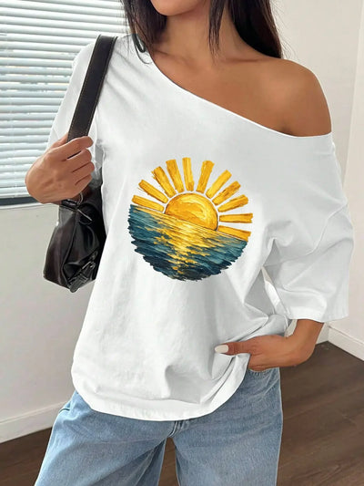 100% Cotton Plus Size Golden Sun Ocean Beach Print Shoulder Loose Print T-Shirt Oversized Y2K Style Graphic Tees Women Tops S
