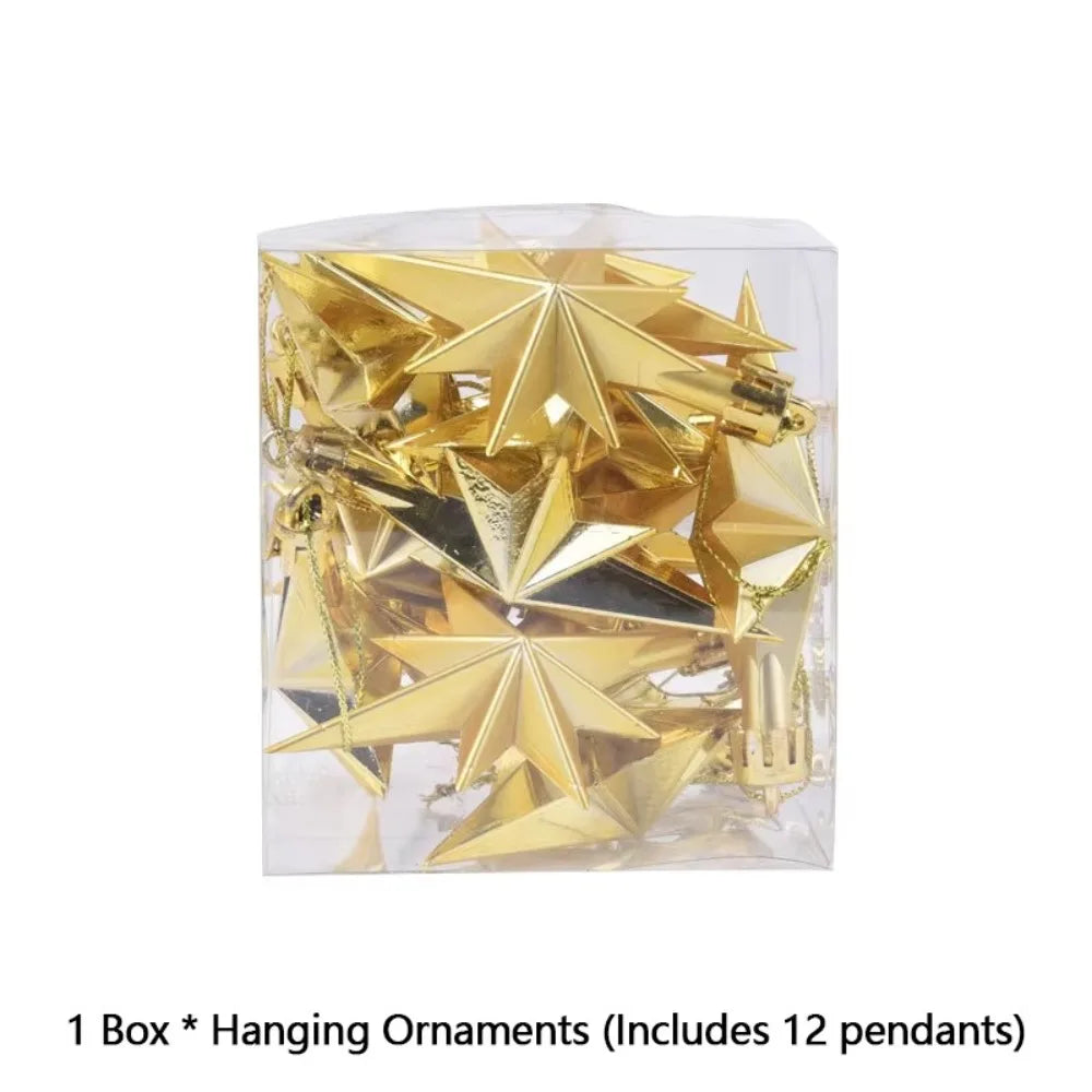 12pcs New Plastic Christmas Hanging Ornaments Star Shaped Glittering Xmas Tree Pendant Party Supplies DIY Festival Decorations