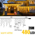 6.5200LED/20M480LED Icicle String Lights Christmas 40Drops 8 Modes, Plug in Curtain Waterproof for Holiday Wedding Party Garden