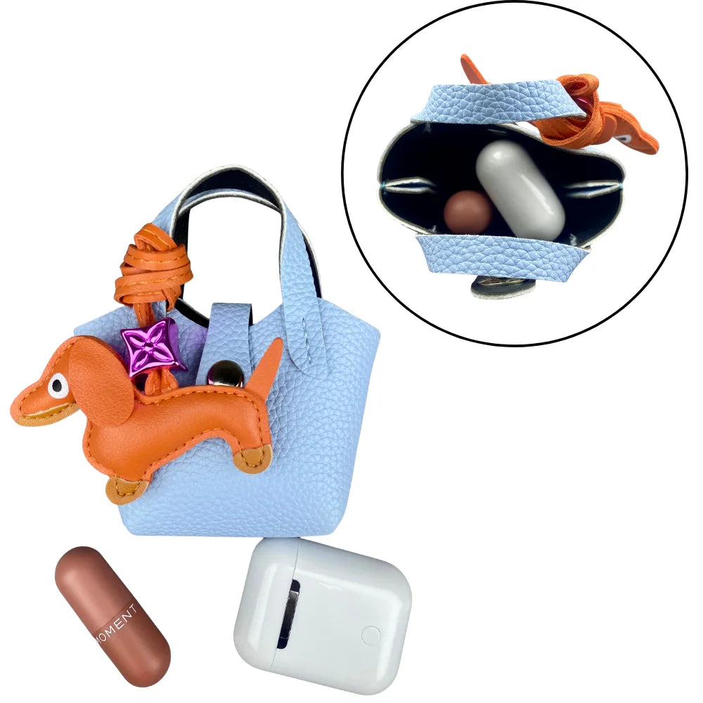 Mini PU Leather Bag For AirPods Case/Lip Balm/Coins With Tiny Dachshund As Decoration-Functional & Decor Leather Pouch-Gift