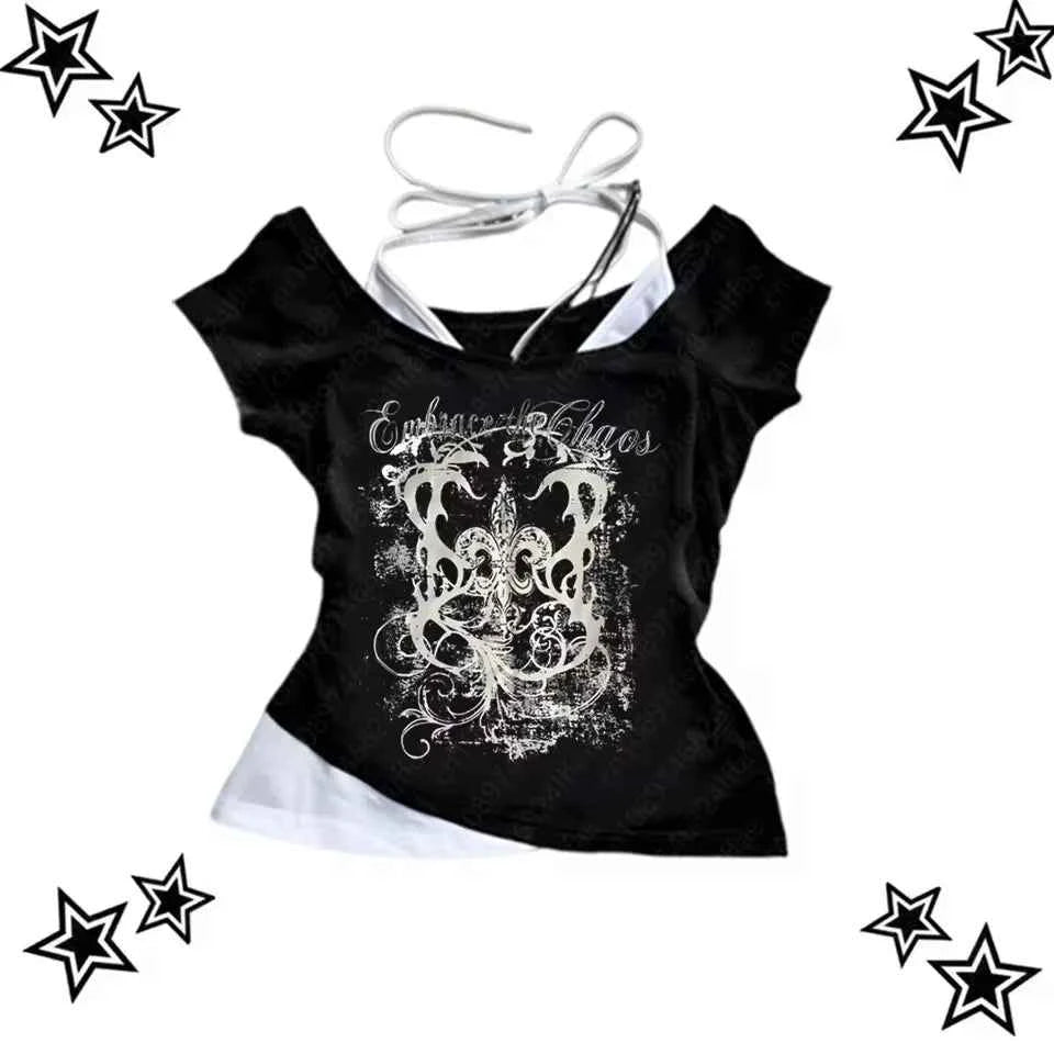 Women's 90s Vintage Punk T-Shirt Summer Streetwear Sexy Short Sleeve Gothic Slim Crop Top Hotgirl Casual Femme Tee Harajuku Y2k
