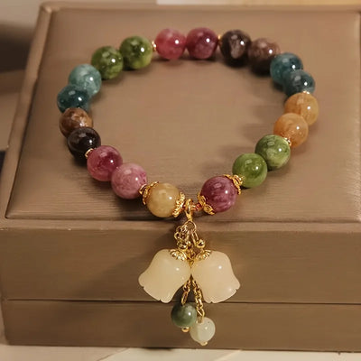 Bohemian Multicolor Gemstone Bracelet, Beaded Tassel Pendant Hand Chain with Golden Spacers, Elegant Colorful Jewelry Gift for Women, Daily Party Wear