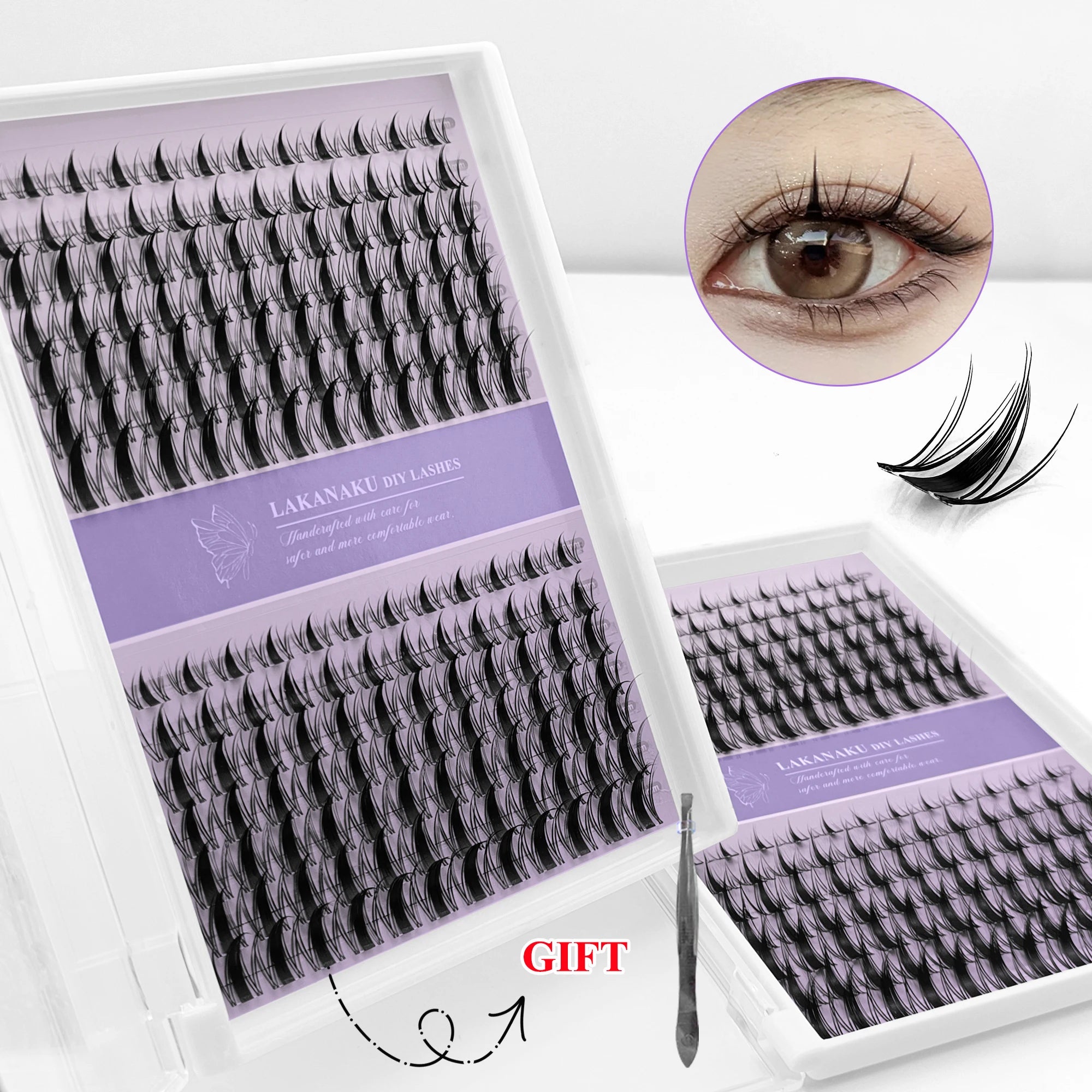 LAKANAKU 168 Fans Diy Cluster Lashes Cat Eye Lashes Invisible Band Premium Mink Manga Lash Clusters
