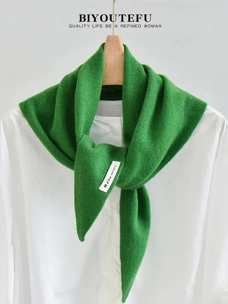 100% Australian Wool Knitted Triangle Scarf Shawl Women's Autumn  Winter Warm Neck Protection Scarf Decorative  Small Scarf