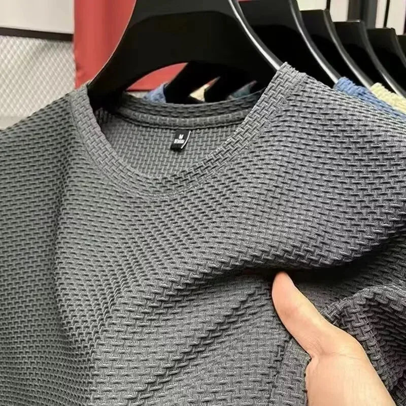 Ice Silk Bamboo Node Men's Short Sleeve T-Shirt Summer Pure Color Elastic Comfortable Cool Feeling Casual Versatile Thin Trendy