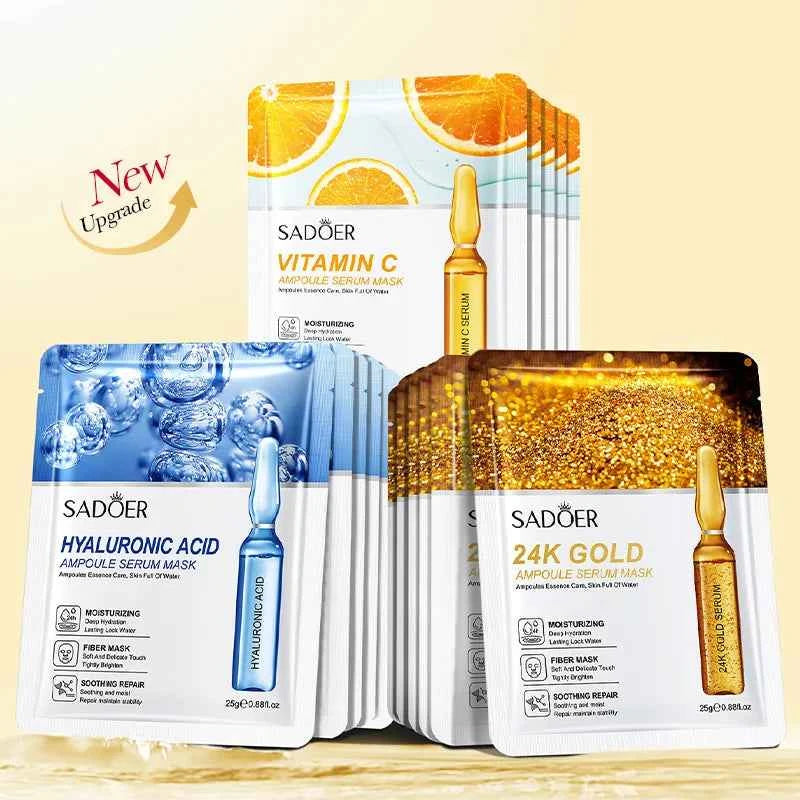 10pcs SADOER 24K Gold Vitamin C Hyaluronic Acid Face Mask Facial Moisturizing Firming Hydrating Facial Masks Skin Care Products
