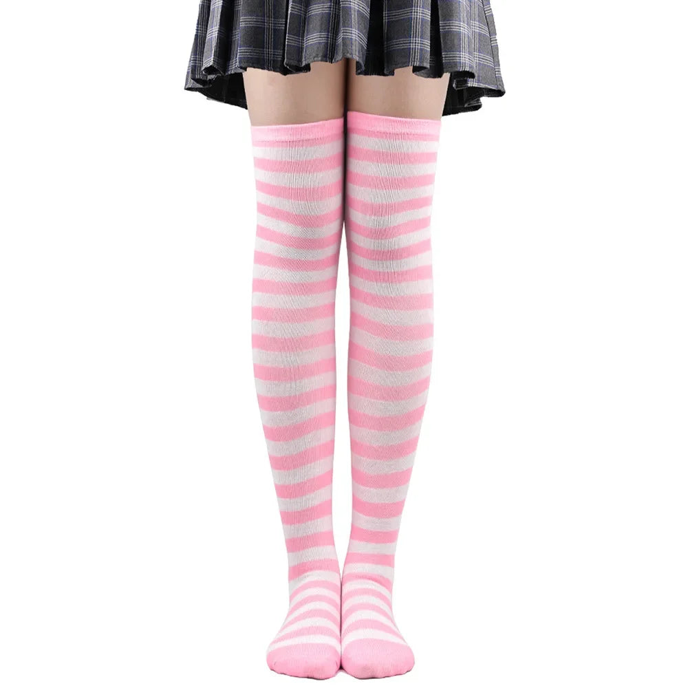 Thigh High Stockings Womens Striped Ladies Girls Black White Pink Long Over Above Knee Socks Femboy Cosplay Lolita Harajuku Y2k