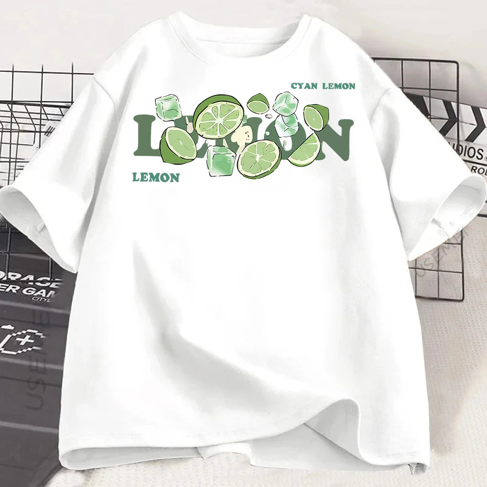 Lemon Letter Print T-shirt Short Sleeve Crew Neck Casual Top for Summer Women Kawaii Streetwear Graphic Tees Vintage Fruit Shirt
