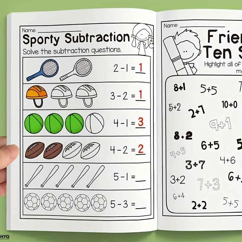 32-Page Interactive Math Learning Workbook with Addition & Subtraction Worksheets, Crossword Puzzles, Colorful Math Activities