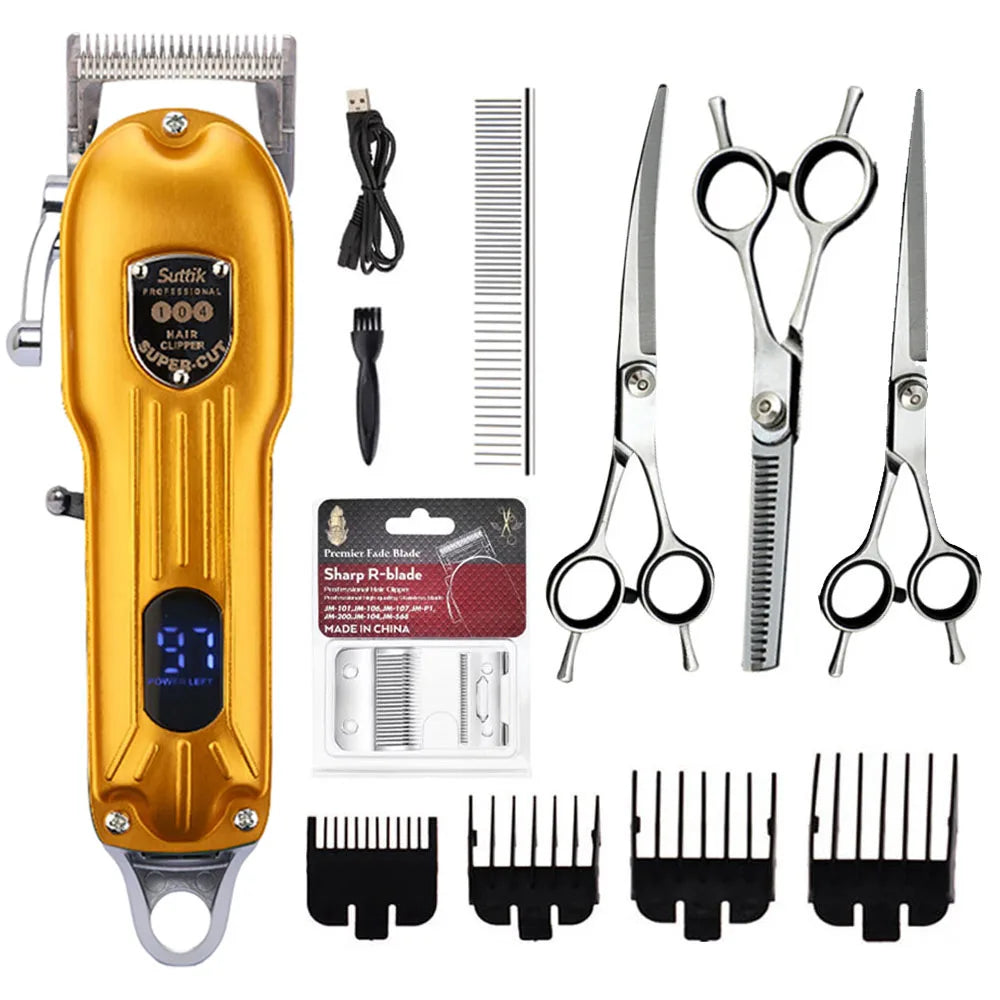 Gold hair clipper set with scissors, shears, and attachments on a white background