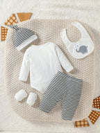 4Pcs Baby Boy's all seasons Full Cartoon Elephant Streetwear Fashion Pantsuit +Hat +Gloves+Bib