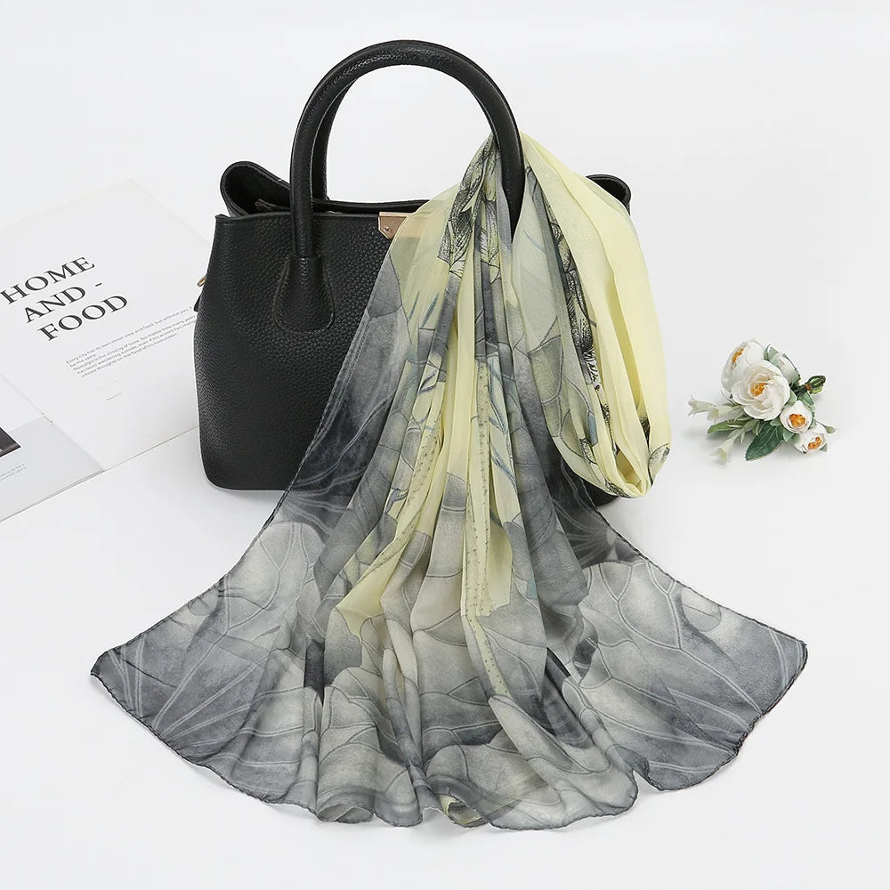 1PCS Lotus Print Chiffon Scarf Fashionable Lightweight Neck Scarf For Women Summer Neck Sun Protection Silk Scarf Shawl 150*50cm