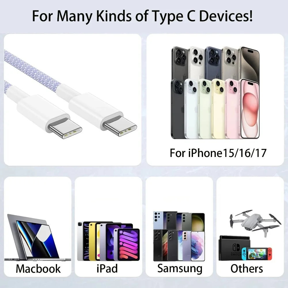 Type C to C Colored Nylon Braided Cable PD 60W for IPhone17/16/15, iPad Pro, Macbook, Samsung S24/23, Durable & Fast Charging.