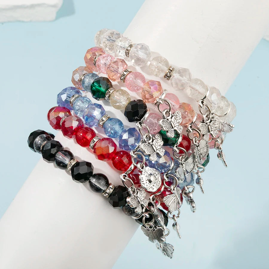 6pcs/set Flower Butterfly Charms Bracelet Elastic Bracelet Colorful Glass Beads Bracelet For Women Girls Fashion Jewelry Gifts