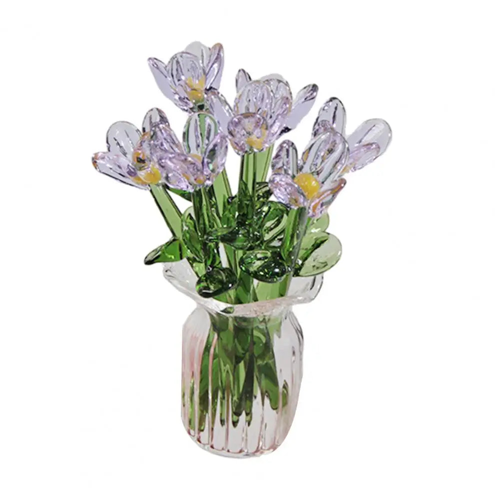 Glass Flower Decor Handcrafted Floral Sculpture Hand-blown Glass Flower Bouquet with Vase Mini Floral Decoration for Home Room