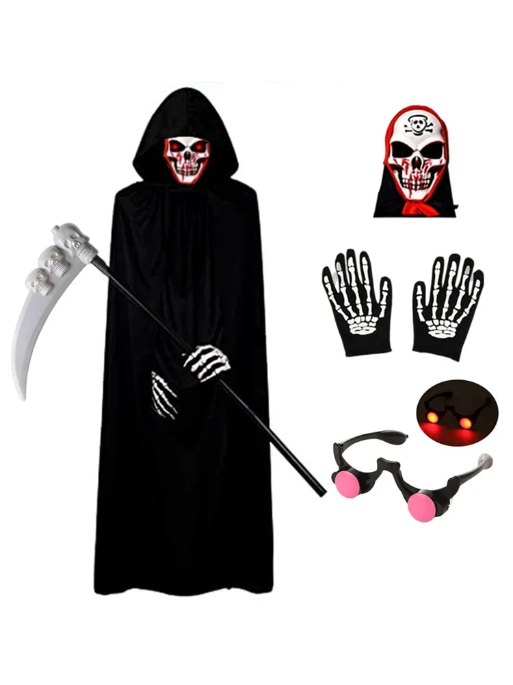 Kids Grim Reaper Costume with Glowing Red Eyes – Halloween Phantom Outfit