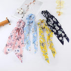 Fashion Flower Print Bow Satin Long Ribbon Ponytail Scarf Tie Scrunchies Women Girls Elastic Bands Hair Accessories