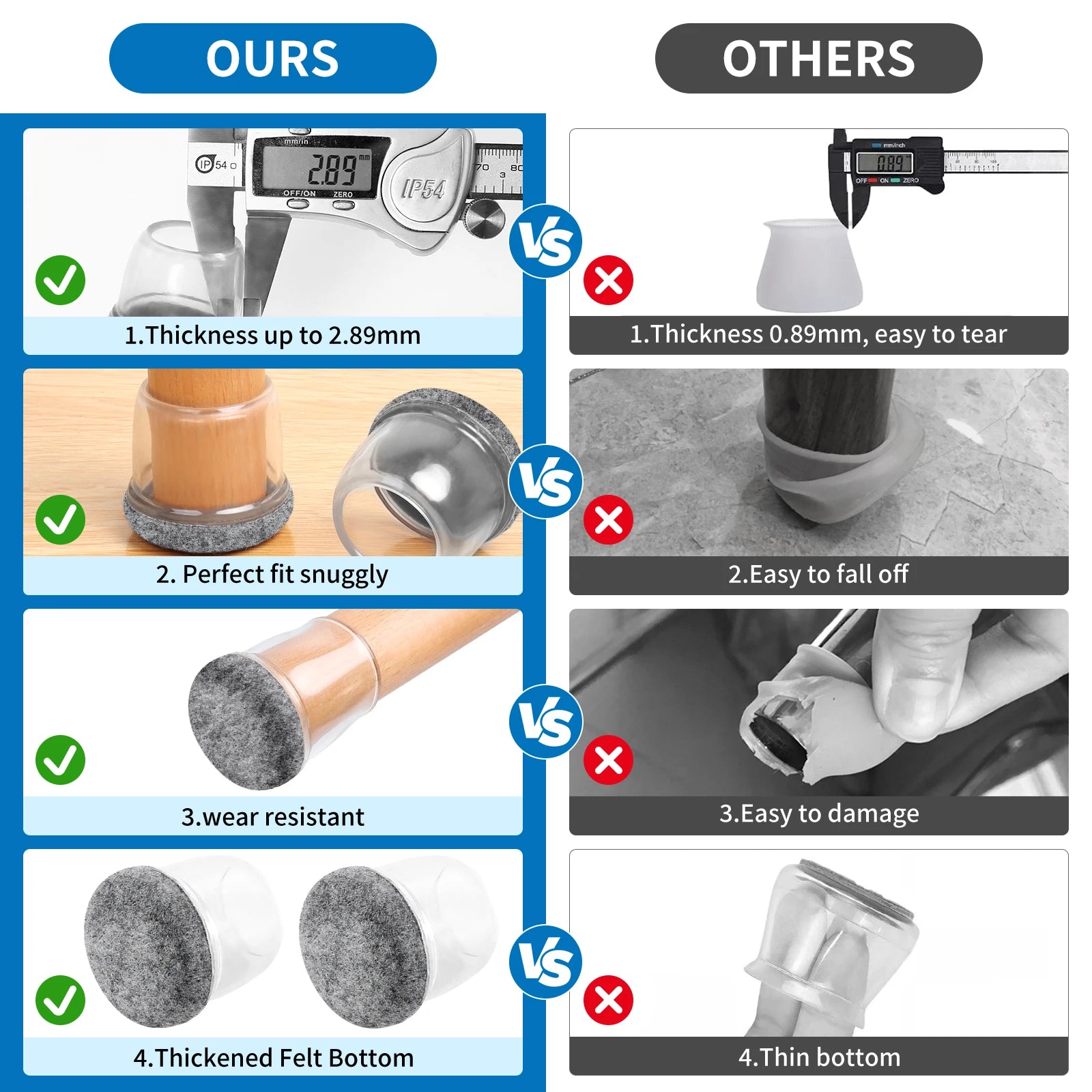 16PCS Silicone Chair Leg Caps Non-Slip Prevent Scratches Silent  Hardwood Floor Protector Waterproof Felt Furniture Feet Pad