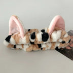 3pcs/set Cute Cat Ear Leopard Print Plush Headband For Women Girls Spa Washing Face and Makeup Headband Elastic Wrist Strap