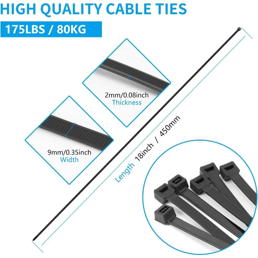 100Pcs Nylon Cable Ties Self-locking Cord Ties Straps Adjustable Cables Fastening Zip Ties 8x150/200/250/300/350/400/450/500MM