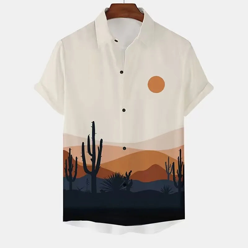 Fashion Men's Cactus Desert Printed Shirts Casual Hawaiian Beach Resort Shirt Summer Natural Landscape Vintage Printed Shirts