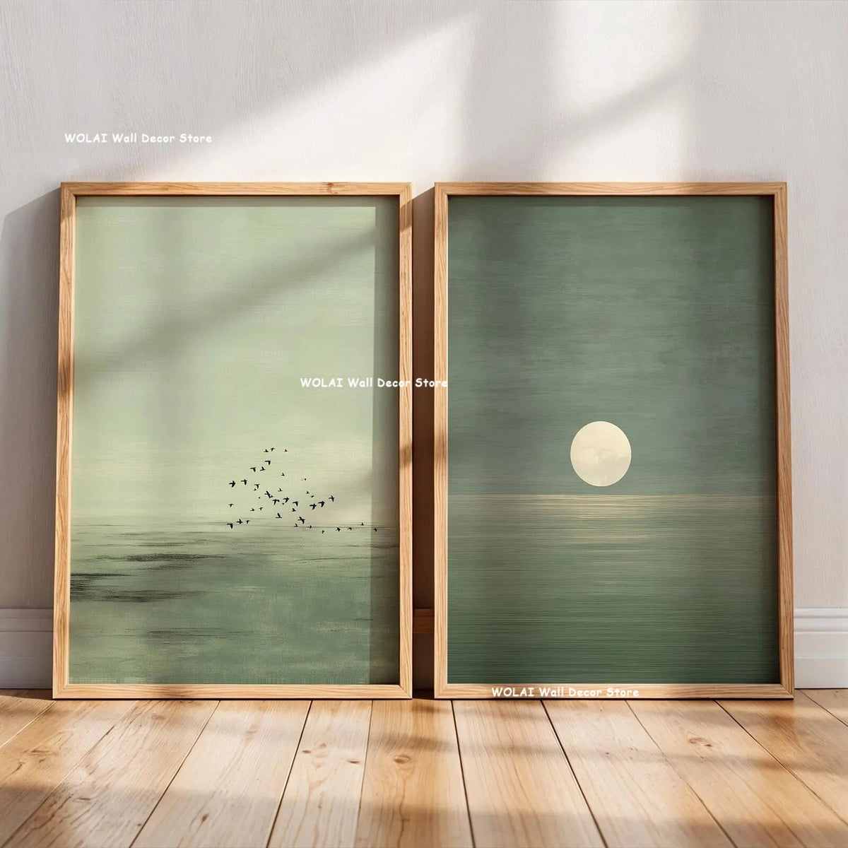 2pcs/set Japanese Retro Wabisabi Mountain Abstract Canvas Printing Abstract Green Sunset Flying Crane Wall Art Poster Home Decor