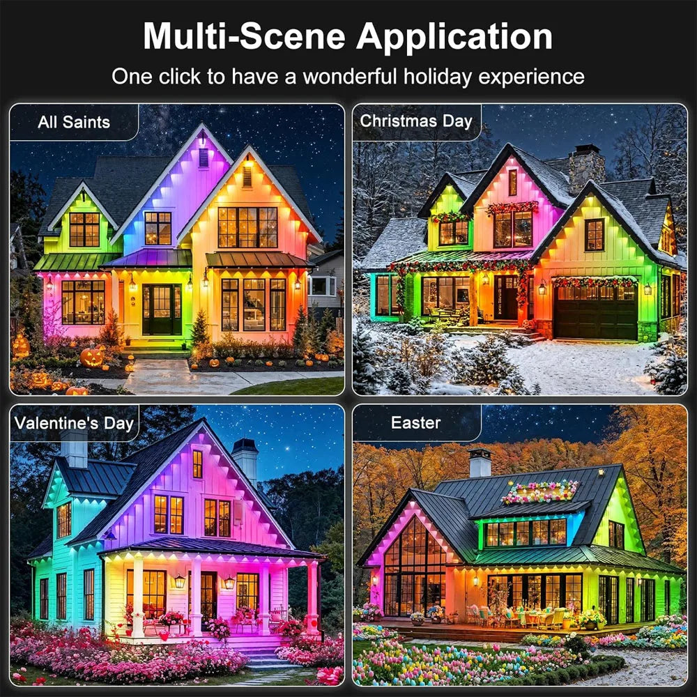 New Black RGB Eaves LED Lights Permanent Outdoor Lights String APP Bluetooth Light Strip Scene Modes House Party Wedding Light