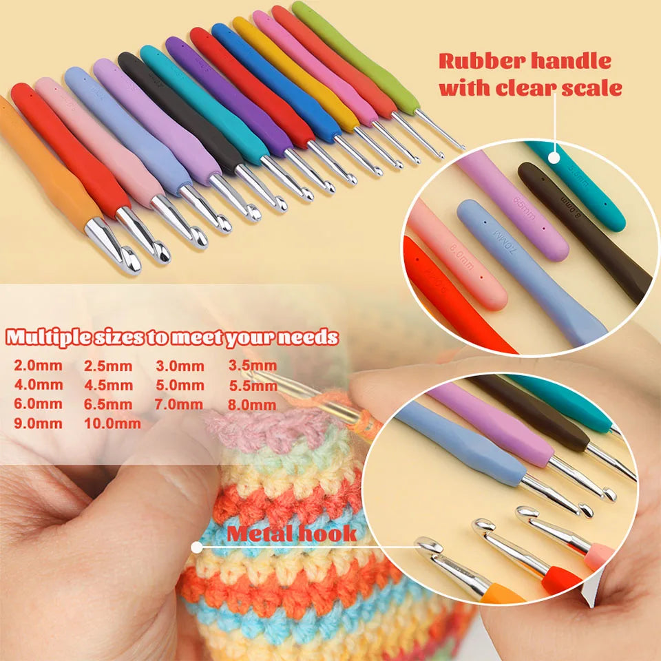 IMZAY Colorful Rubber Handle Knitting Needles Kit With Sewing Clips Plastic Needles Staniless Steel Scissors Crochet Hooks Set