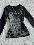 Women s Y2K Gothic Black Printed V neck Long Sleeve Tight Waist T shirt American Retro Autumn New Fashion Slim Fit Top