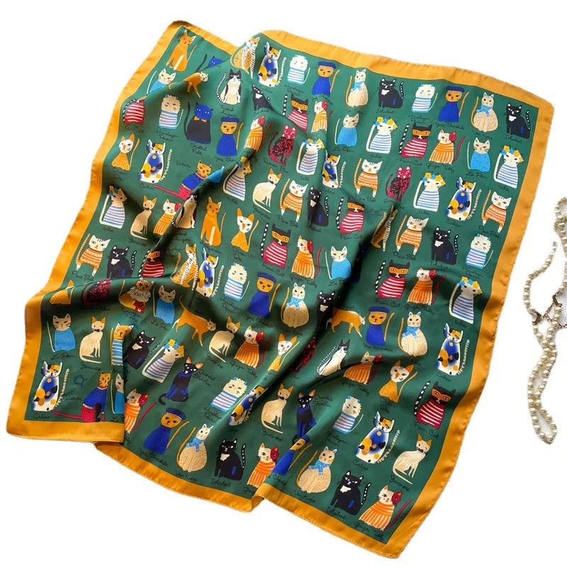 2025 Silk Shawl Print Headscarf Cat Hair Wrap Neckerchief Female Satin Square Scarf For Women Headband Foulard Hijab Bandana