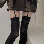 Women Suspender Wide-banded Velvet Tights Lolita Thin Thigh High Stockings with Garters Y2K JK College Style Over The Knee Socks
