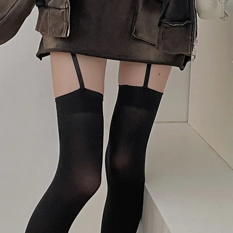 Women Suspender Wide-banded Velvet Tights Lolita Thin Thigh High Stockings with Garters Y2K JK College Style Over The Knee Socks