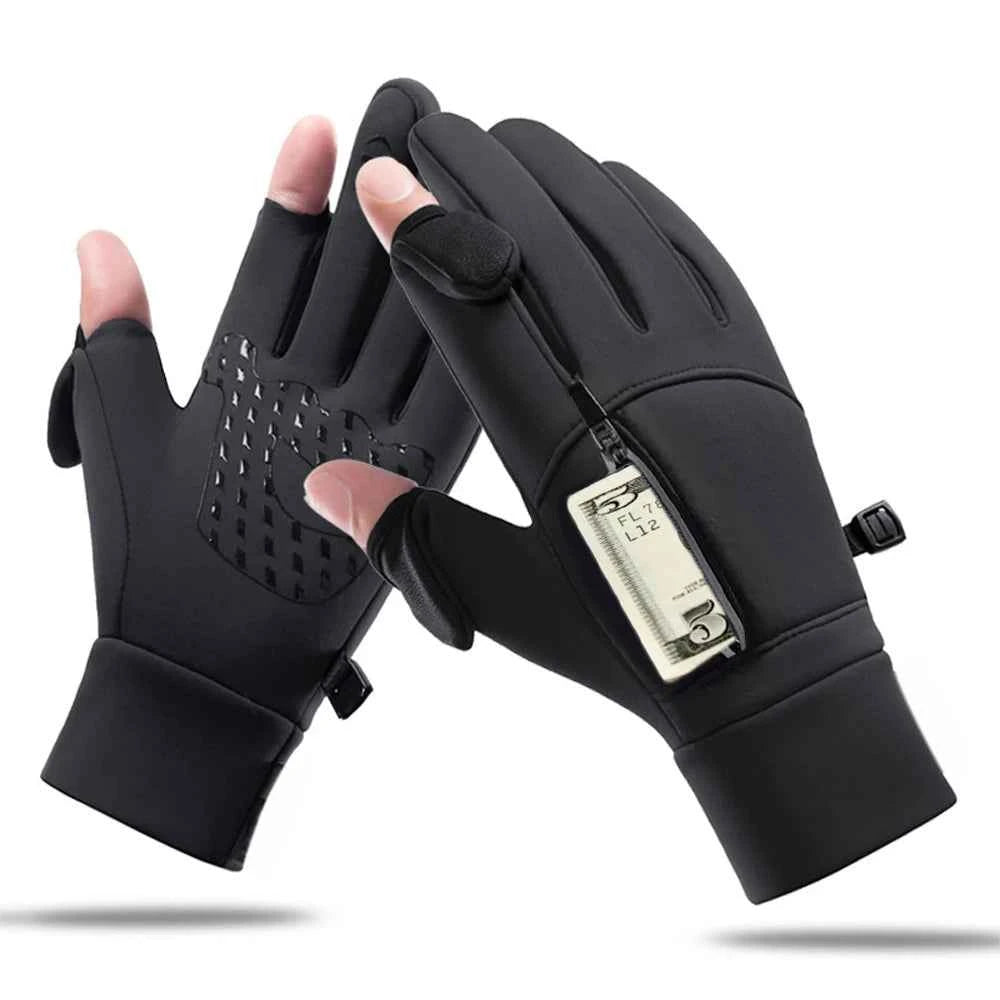 Winter Warm Gloves Flip Over Expose Two Fingers Gloves Windproof Touch Screen Gloves Cycling Ski Fishing Gloves