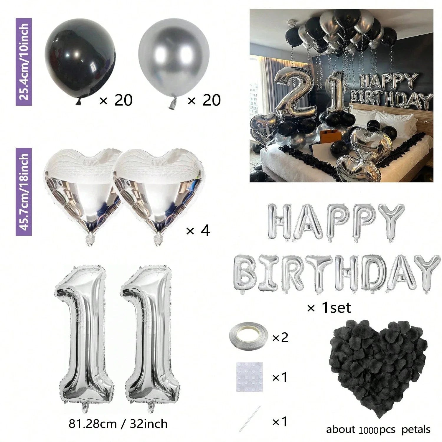 1050/21/200pcs Black & Silver Party Balloons Decorations, Silver Happy Birthday Banner, Chrome Silver Latex Balloons