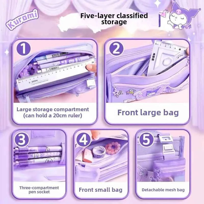 Sanrio Series Pencil Case Kuromi Cartoon Animation Good-Looking Large Capacity Children Pencil Storage Stationery Box Wholesale