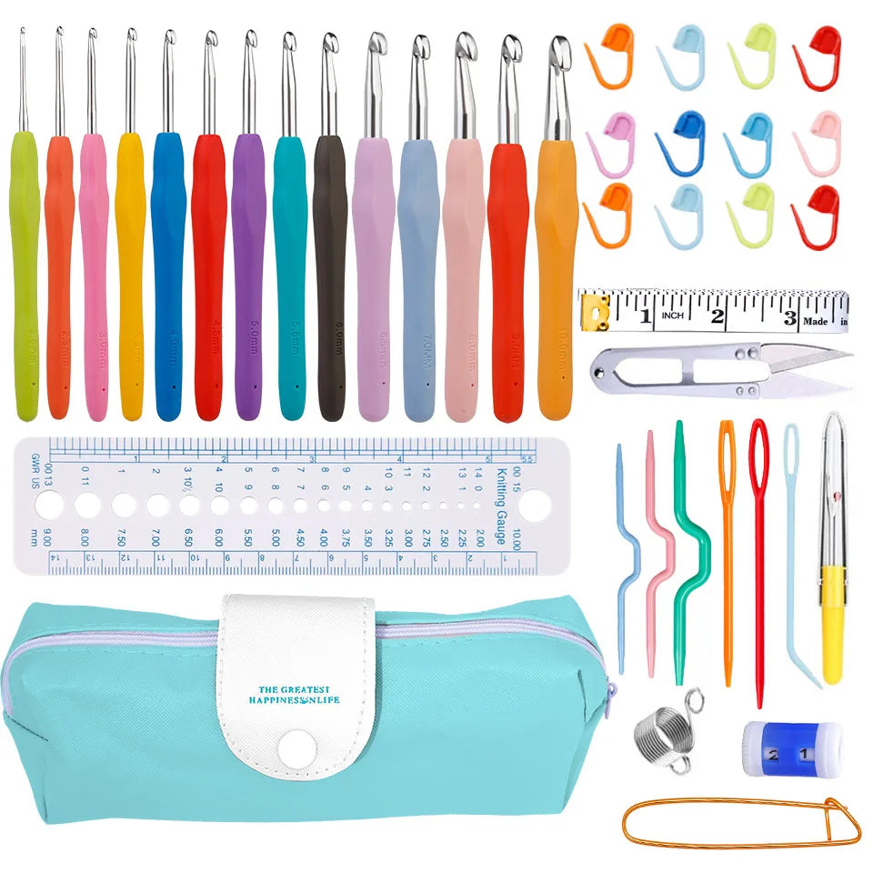 IMZAY Colorful Rubber Handle Knitting Needles Kit With Sewing Clips Plastic Needles Staniless Steel Scissors Crochet Hooks Set
