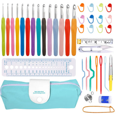 IMZAY Colorful Rubber Handle Knitting Needles Kit With Sewing Clips Plastic Needles Staniless Steel Scissors Crochet Hooks Set