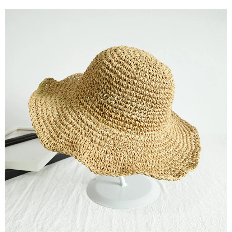 Beach Hat Female Sunscreen Cap Simple Women Panama Straw Hat Summer Sun Hat for Women Lady Folding Travel Caps 10cm Brim Floppy