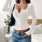 Women Y2K Lace Button Tops Autumn Spring Long Sleeve Solid Fashion T-shirts Slim Sexy Basic Pullover Shirt Casual Street Clothes