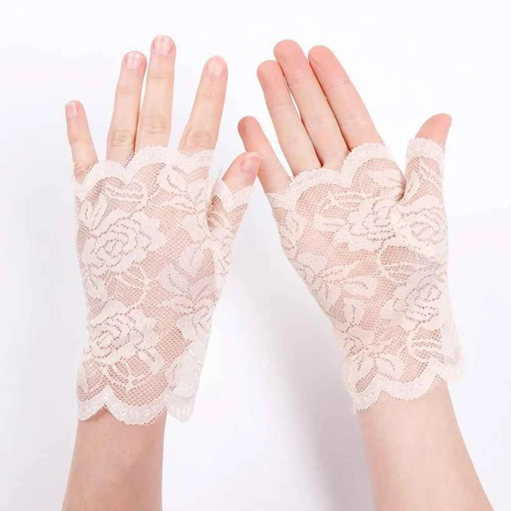 Women Short Lace Hollow-Out Fingerless Gloves Sun Protection Sleeves Mesh Thin Cycling Sexy Mittens Half Finger Handschoenen