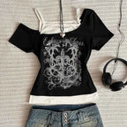 Women's 90s Vintage Punk T-Shirt Summer Streetwear Sexy Short Sleeve Gothic Slim Crop Top Hotgirl Casual Femme Tee Harajuku Y2k