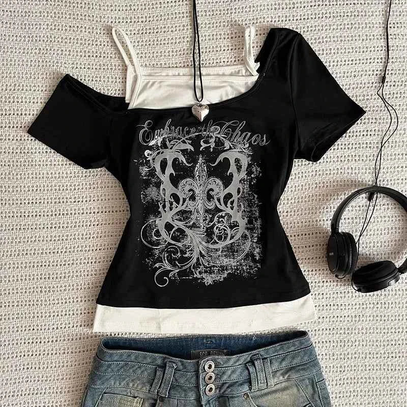 Women's 90s Vintage Punk T-Shirt Summer Streetwear Sexy Short Sleeve Gothic Slim Crop Top Hotgirl Casual Femme Tee Harajuku Y2k