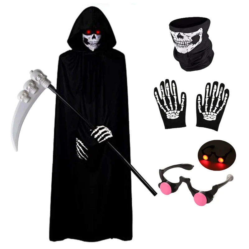 Kids Grim Reaper Costume with Glowing Red Eyes – Halloween Scary Outfit