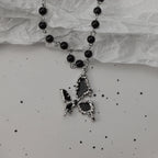 Gothic Bat Cross Dark Pendant Necklace Set, Y2K Personalized Thorn Love Black Bead Stacked Necklace Set, Suitable as Halloween G