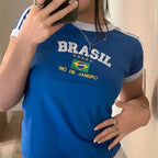 Womens Aesthetic BRASIL Letter Print T-Shirt and Shorts Suit, Vintage Grunge  Short Sleeve Baby Tees, Summer Crop Top Y2k Clothe