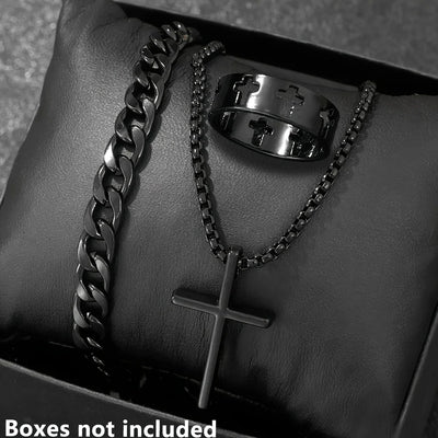 Cross-Style Accessories Set Bracelet Necklace Ring 3 Pieces Stainless Steel Elegant Suitable Both Men Women Fashionable Gift Set