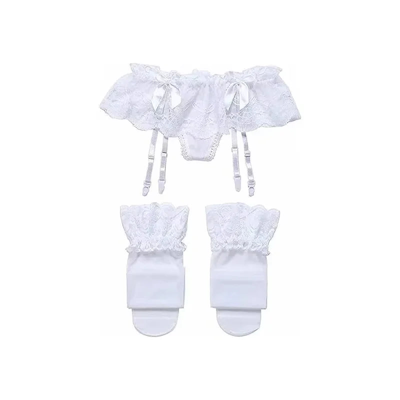 Women Lace Garter Belt And Stockings Set Jacquard Suspenders Panty Satin Bow Mini Skirt Hosiery Mesh Lingerie Pantyhose Womens