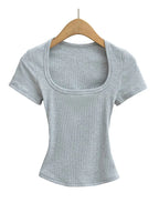 Square Collar High Stretch Summer Crop Tops Women Short Sleeve Tops Sexy Pullover Bottoming Blouses Slim T-shirt